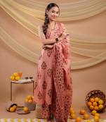  peach floral print pure cotton a-line kurta dupatta set