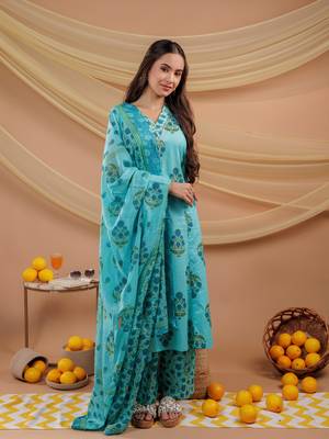  blue floral print pure cotton a-line kurta dupatta set 2