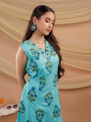  blue floral print pure cotton a-line kurta dupatta set 4