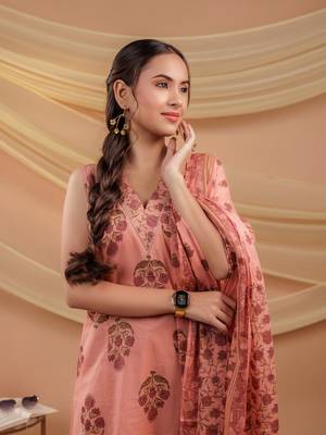  peach floral print pure cotton a-line kurta dupatta set 5