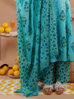  blue floral print pure cotton a-line kurta dupatta set 5