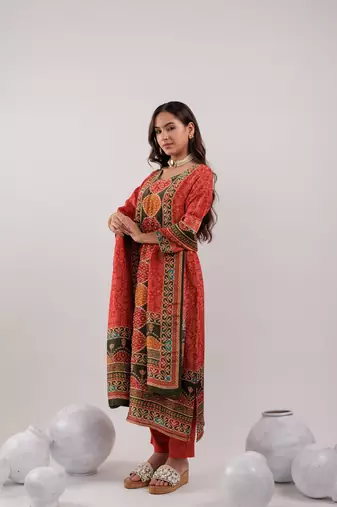  red pure shimmer tissue with pure viscose trouser and shimmer dupatta