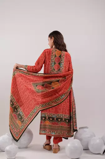  red pure shimmer tissue with pure viscose trouser and shimmer dupatta
