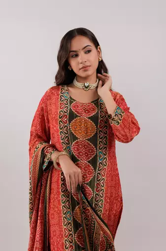  red pure shimmer tissue with pure viscose trouser and shimmer dupatta