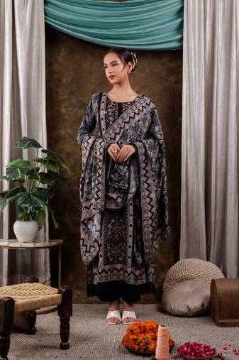  pure muslin silk black ethnic motifs kurta dupatta set
