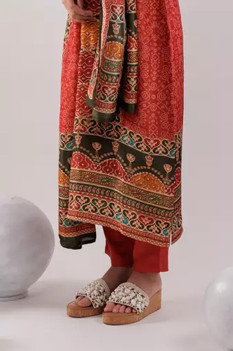  red pure shimmer tissue with pure viscose trouser and shimmer dupatta