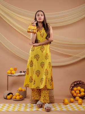  mustard floral print pure cotton a-line kurta dupatta set 1