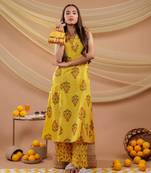  mustard floral print pure cotton a-line kurta dupatta set