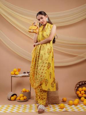  mustard floral print pure cotton a-line kurta dupatta set 2