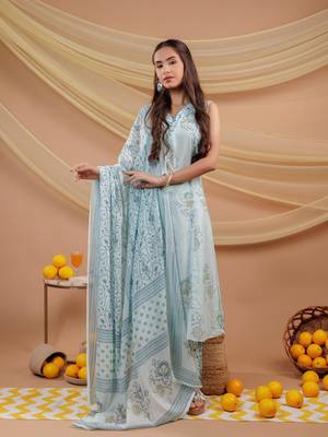  cotton blue sleeveless kurta dupatta set 1