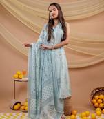  cotton blue sleeveless kurta dupatta set
