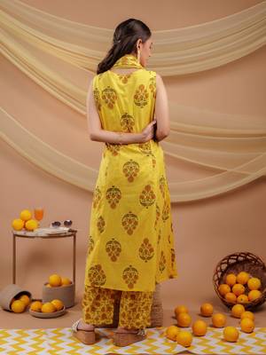  mustard floral print pure cotton a-line kurta dupatta set 3