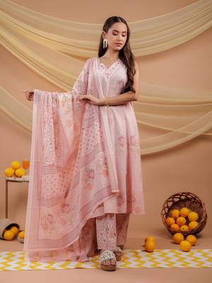  cotton pink sleeveless kurta dupatta set 1
