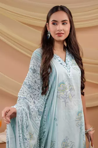 cotton blue sleeveless kurta dupatta set