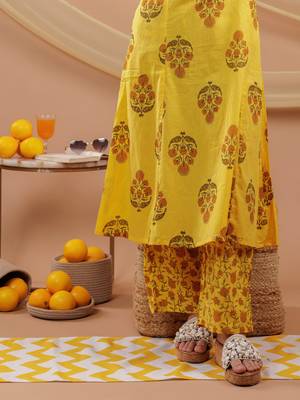  mustard floral print pure cotton a-line kurta dupatta set 5