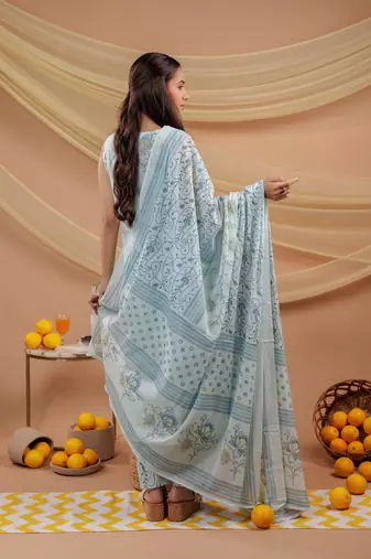  cotton blue sleeveless kurta dupatta set