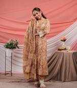  mustard floral print cotton straight kurta trouser dupatta set