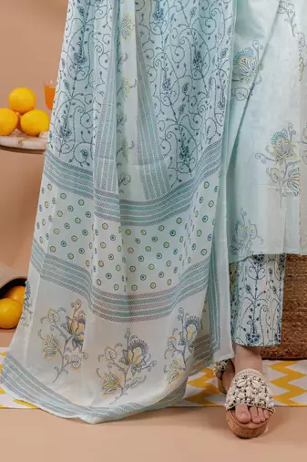  cotton blue sleeveless kurta dupatta set