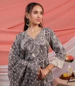  grey floral print cotton straight kurta trouser dupatta set
