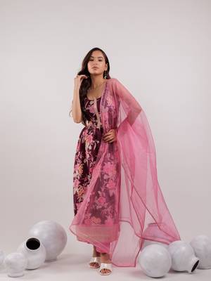  burgundy floral print cotton a-line empire kurta trouser & dupatta set 1