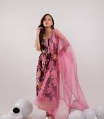  burgundy floral print cotton a-line empire kurta trouser & dupatta set