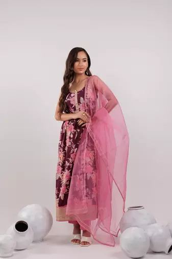  burgundy floral print cotton a-line empire kurta trouser & dupatta set