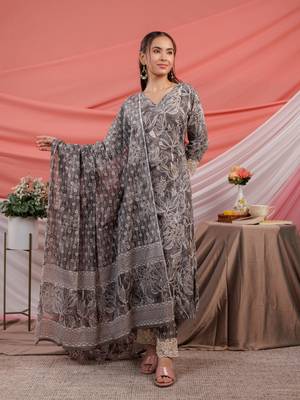  grey floral print cotton straight kurta trouser dupatta set 2