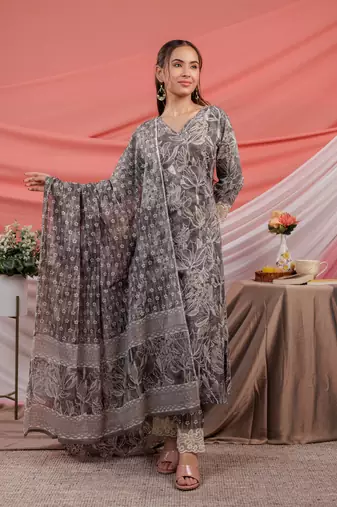  grey floral print cotton straight kurta trouser dupatta set