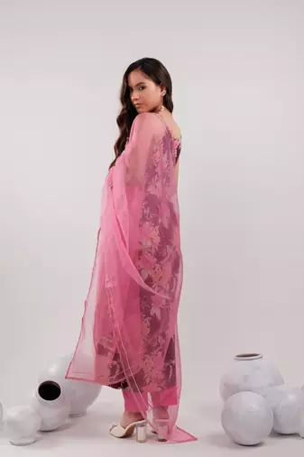 burgundy floral print cotton a-line empire kurta trouser & dupatta set