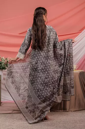  grey floral print cotton straight kurta trouser dupatta set