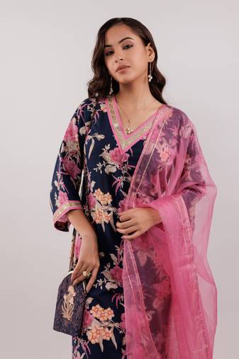  navy blue floral print cotton straight kurta trouser with dupatta set