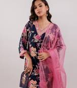  navy blue floral print cotton straight kurta trouser with dupatta set