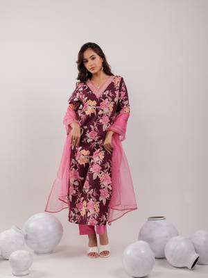  burgundy floral print cotton straight kurta trouser with dupatta set 1