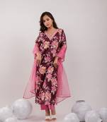  burgundy floral print cotton straight kurta trouser with dupatta set