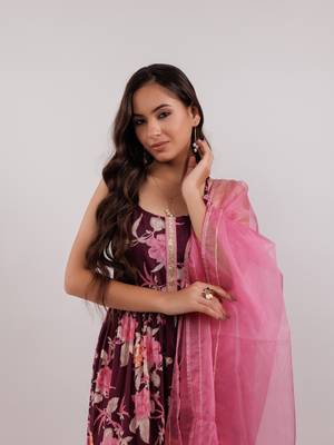  burgundy floral print cotton a-line empire kurta trouser & dupatta set 4