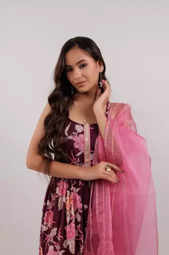  burgundy floral print cotton a-line empire kurta trouser & dupatta set