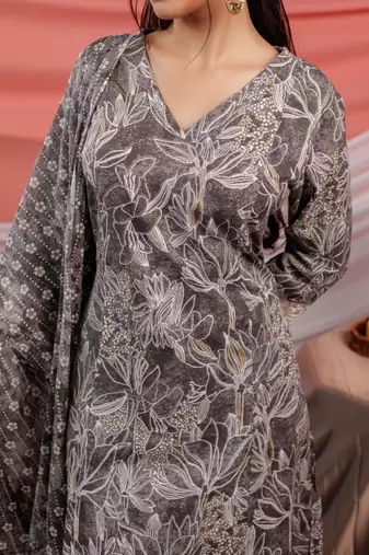  grey floral print cotton straight kurta trouser dupatta set