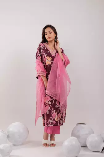  burgundy floral print cotton straight kurta trouser with dupatta set