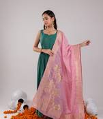  green solid silk blend anarkali kurta trouser & dupatta