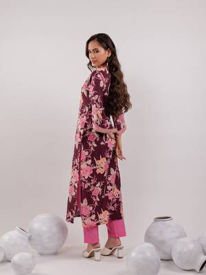  burgundy floral print cotton straight kurta trouser with dupatta set 3