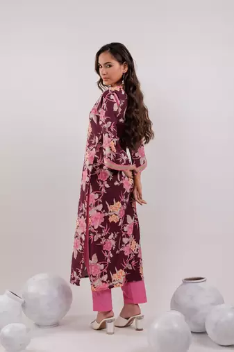  burgundy floral print cotton straight kurta trouser with dupatta set