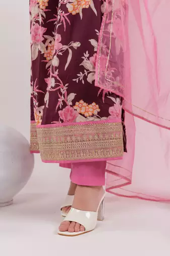  burgundy floral print cotton a-line empire kurta trouser & dupatta set