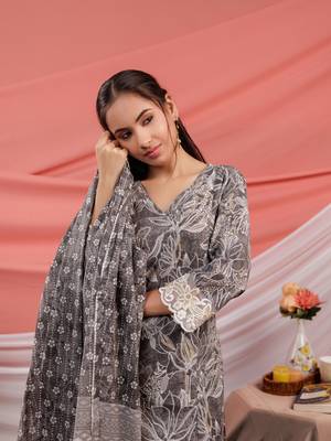  grey floral print cotton straight kurta trouser dupatta set 5