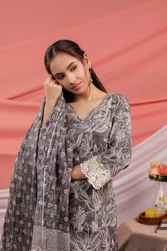  grey floral print cotton straight kurta trouser dupatta set