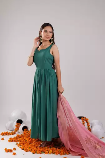  green solid silk blend anarkali kurta trouser & dupatta