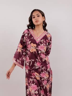  burgundy floral print cotton straight kurta trouser with dupatta set 4