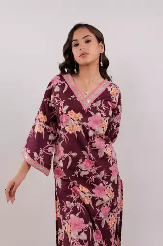  burgundy floral print cotton straight kurta trouser with dupatta set