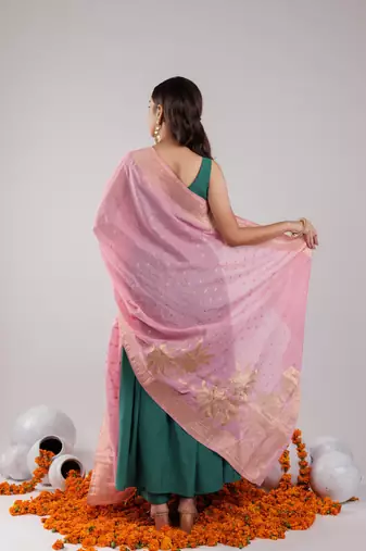  green solid silk blend anarkali kurta trouser & dupatta