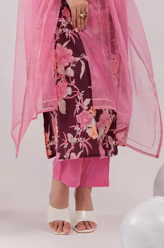  burgundy floral print cotton straight kurta trouser with dupatta set