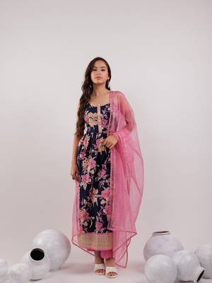 navy blue floral print cotton fit and flare kurta trouser & dupatta set 1
